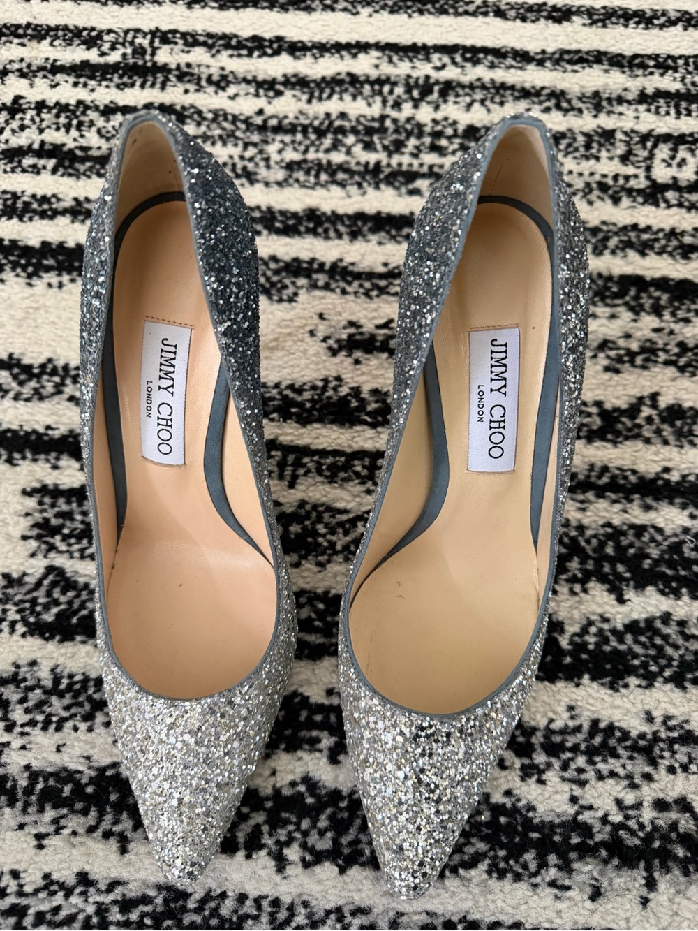 Jimmy Choo Silver Glitter Pointed Pumps